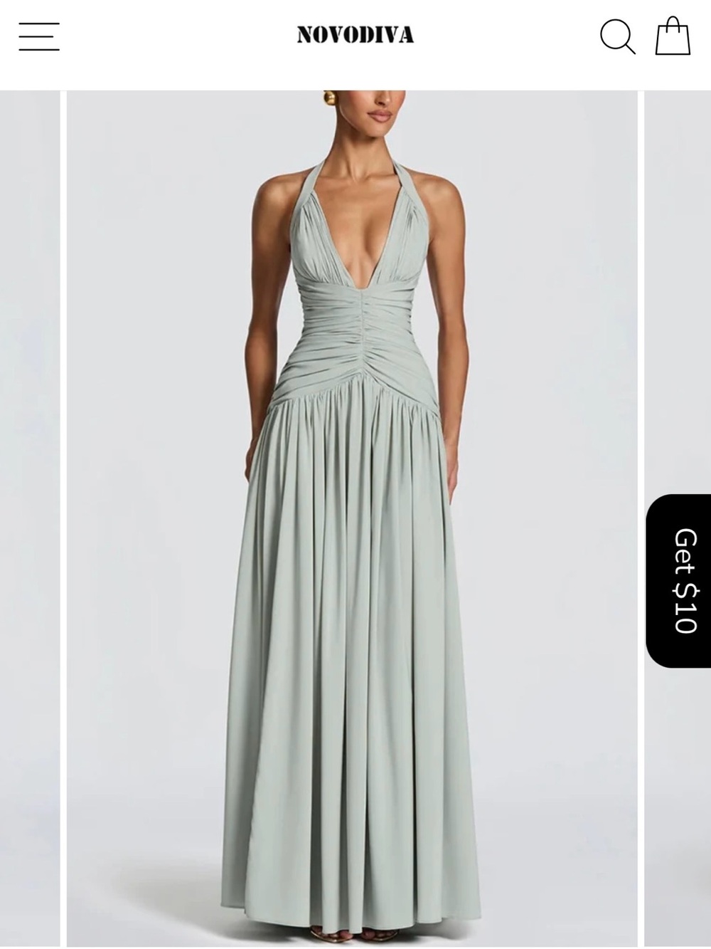 Sage Halter Maxi Dress with Ruched Bodice and V-Neck